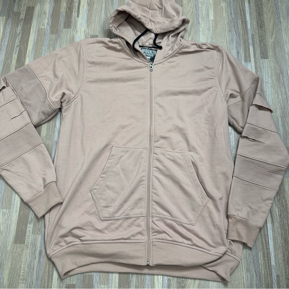 Men's Pale Pink Hoodie Sweatshirt with Ripped Arms, Size XXL